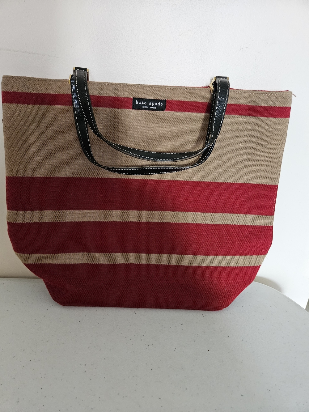 kate spade Red and Tan Striped Canvas Tote with Black Handles